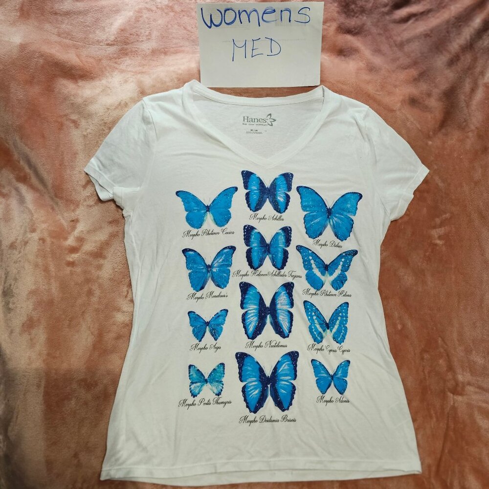Womens M Hanes Blue Butterflies Array V-neck Sparkling Glitter Graphic Tee